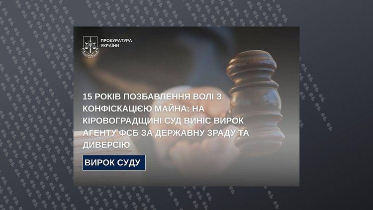 15 років ув’язнення з конфіскацією майна: на Кіровоградщині засуджено агента фсб за державну зраду та диверсію